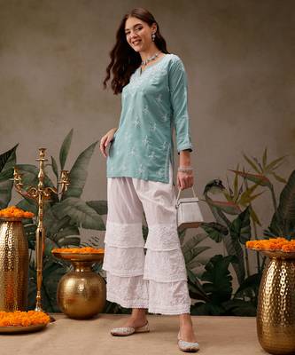 Hand embroidered blue muslin lucknowi chikankari short kurti 5