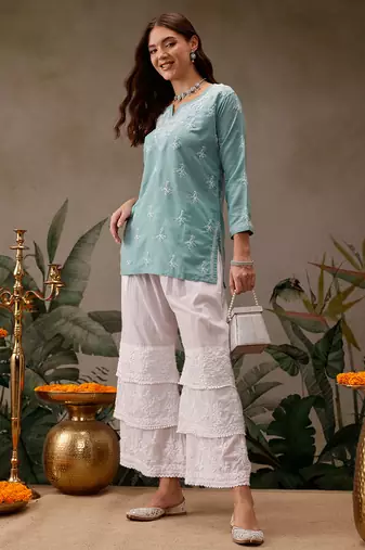 Hand embroidered blue muslin lucknowi chikankari short kurti
