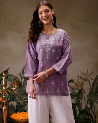 Hand embroidered mauve muslin lucknowi chikankari short kurti 1