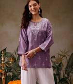 Hand embroidered mauve muslin lucknowi chikankari short kurti