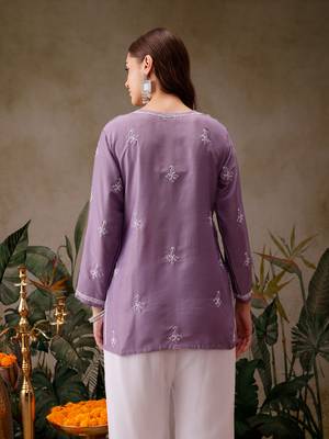 Hand embroidered mauve muslin lucknowi chikankari short kurti 2