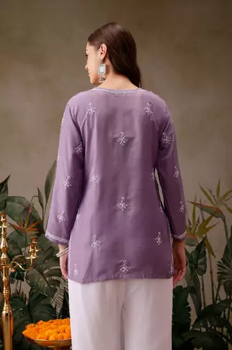 Hand embroidered mauve muslin lucknowi chikankari short kurti