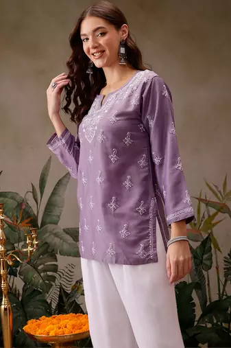 Hand embroidered mauve muslin lucknowi chikankari short kurti