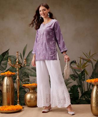 Hand embroidered mauve muslin lucknowi chikankari short kurti 4