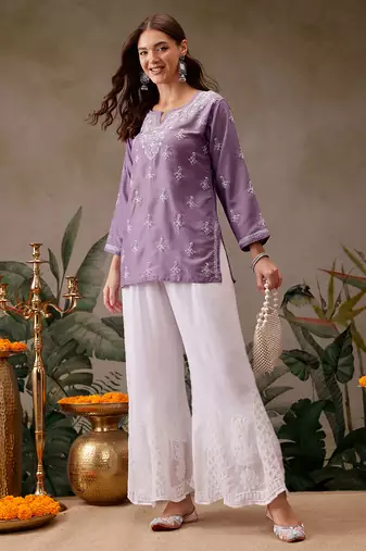 Hand embroidered mauve muslin lucknowi chikankari short kurti