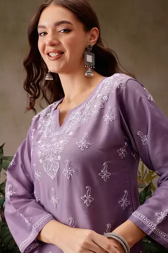 Hand embroidered mauve muslin lucknowi chikankari short kurti