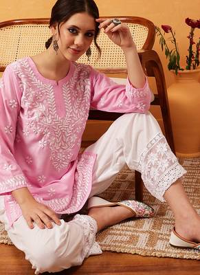 Hand embroidered pink muslin lucknowi chikankari short kurti 6