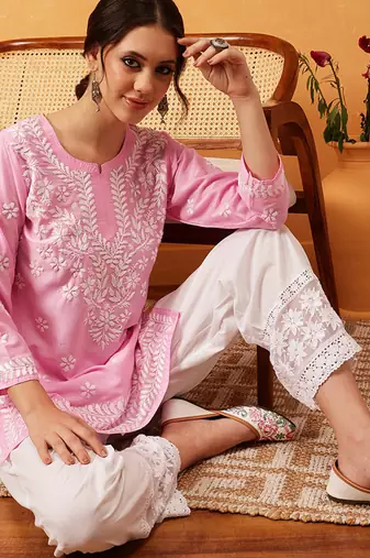 Hand embroidered pink muslin lucknowi chikankari short kurti