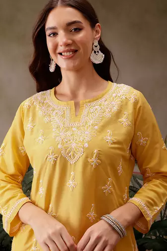 Hand embroidered yellow muslin lucknowi chikankari short kurti