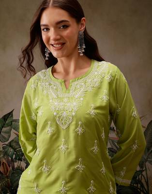 Hand embroidered green muslin lucknowi chikankari short kurti 6
