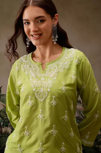 Hand embroidered green muslin lucknowi chikankari short kurti