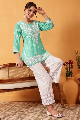 Hand embroidered sea green muslin lucknowi chikankari short kurti