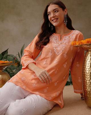 Hand embroidered orange muslin lucknowi chikankari short kurti 6