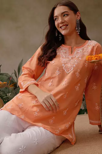 Hand embroidered orange muslin lucknowi chikankari short kurti