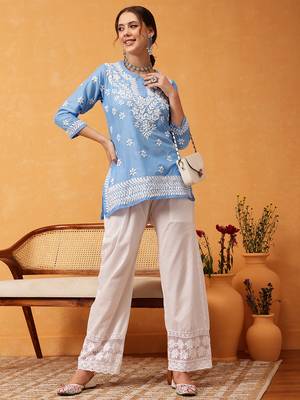 Hand embroidered ink blue muslin lucknowi chikankari short kurti 6