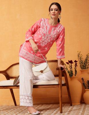 Hand embroidered carrot pink muslin lucknowi chikankari short kurti 6