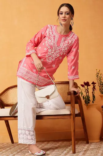 Hand embroidered carrot pink muslin lucknowi chikankari short kurti