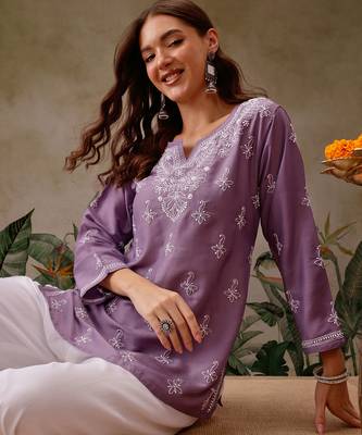 Hand embroidered mauve muslin lucknowi chikankari short kurti 6
