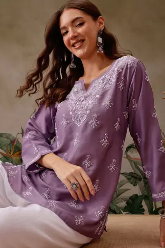 Hand embroidered mauve muslin lucknowi chikankari short kurti