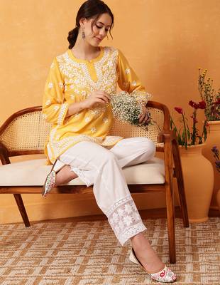Hand embroidered yellow muslin lucknowi chikankari short kurti 6