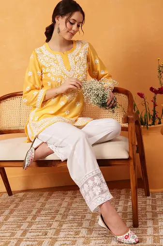 Hand embroidered yellow muslin lucknowi chikankari short kurti