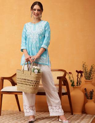 Hand embroidered blue muslin lucknowi chikankari short kurti 6