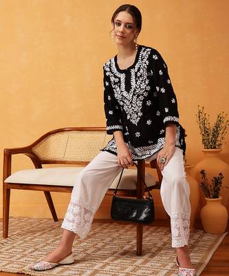 Hand embroidered black muslin lucknowi chikankari short kurti 6