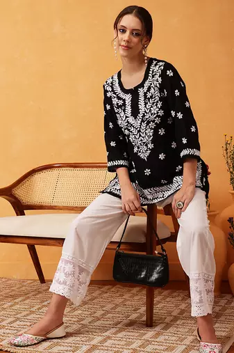 Hand embroidered black muslin lucknowi chikankari short kurti