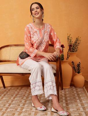 Hand embroidered peach muslin lucknowi chikankari short kurti 6