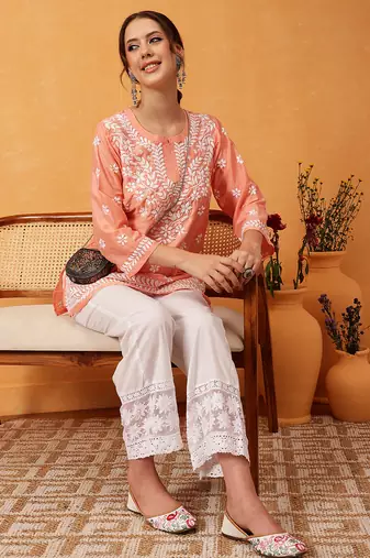 Hand embroidered peach muslin lucknowi chikankari short kurti