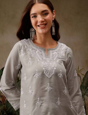 Hand embroidered grey muslin lucknowi chikankari short kurti 6
