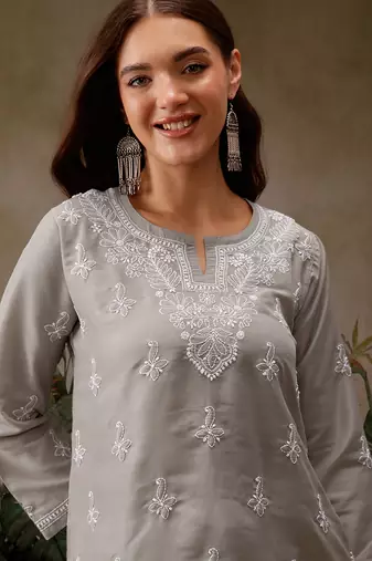Hand embroidered grey muslin lucknowi chikankari short kurti