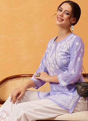 Hand embroidered mauve muslin lucknowi chikankari short kurti 6
