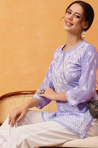 Hand embroidered mauve muslin lucknowi chikankari short kurti