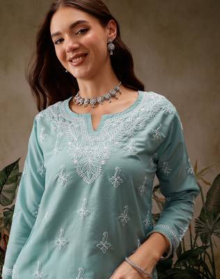 Hand embroidered blue muslin lucknowi chikankari short kurti 6