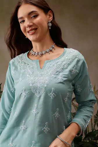 Hand embroidered blue muslin lucknowi chikankari short kurti
