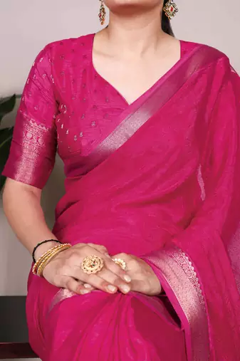 Charm Chinon Self-Printed Saree with Intricate Zari Work