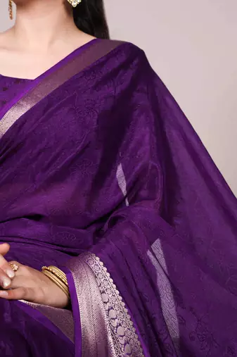 Timeless Charm Chinon Self-Printed Saree with Intricate Zari Work