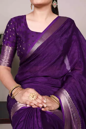 Timeless Charm Chinon Self-Printed Saree with Intricate Zari Work
