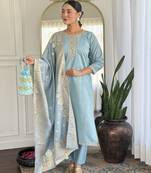 grey embroidery chanderi silk straight kurta pant set with dupatta