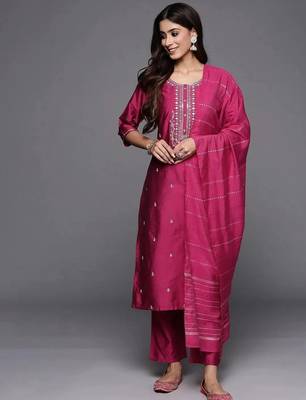 pink embroidery viscose straight kurta set with dupatta 1