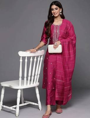 pink embroidery viscose straight kurta set with dupatta 2