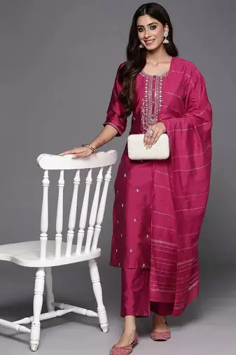 pink embroidery viscose straight kurta set with dupatta