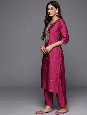 pink embroidery viscose straight kurta set with dupatta 3