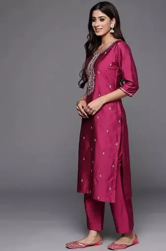 pink embroidery viscose straight kurta set with dupatta
