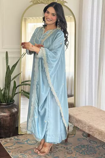 light blue embroidery vichitra silk anarkali kurta pant set with dupatta