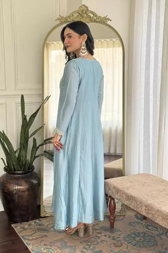 light blue embroidery vichitra silk anarkali kurta pant set with dupatta