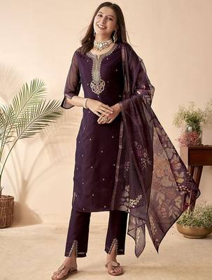 purple sequins embroidery chanderi silk straight kurta pant set with printed dupatta 1