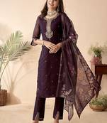 purple sequins embroidery chanderi silk straight kurta pant set with printed dupatta