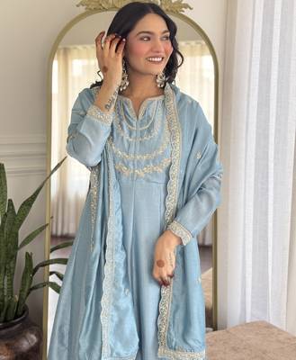 light blue embroidery vichitra silk anarkali kurta pant set with dupatta 4